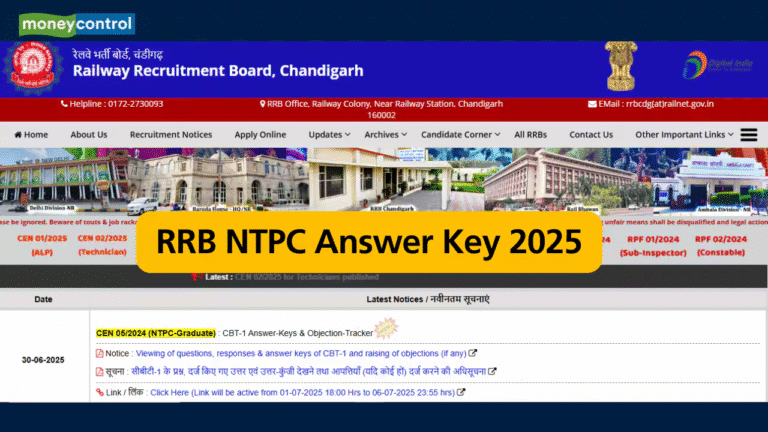 RRB NTPC Answer Key/ Rank/ Score Card 2025-Out