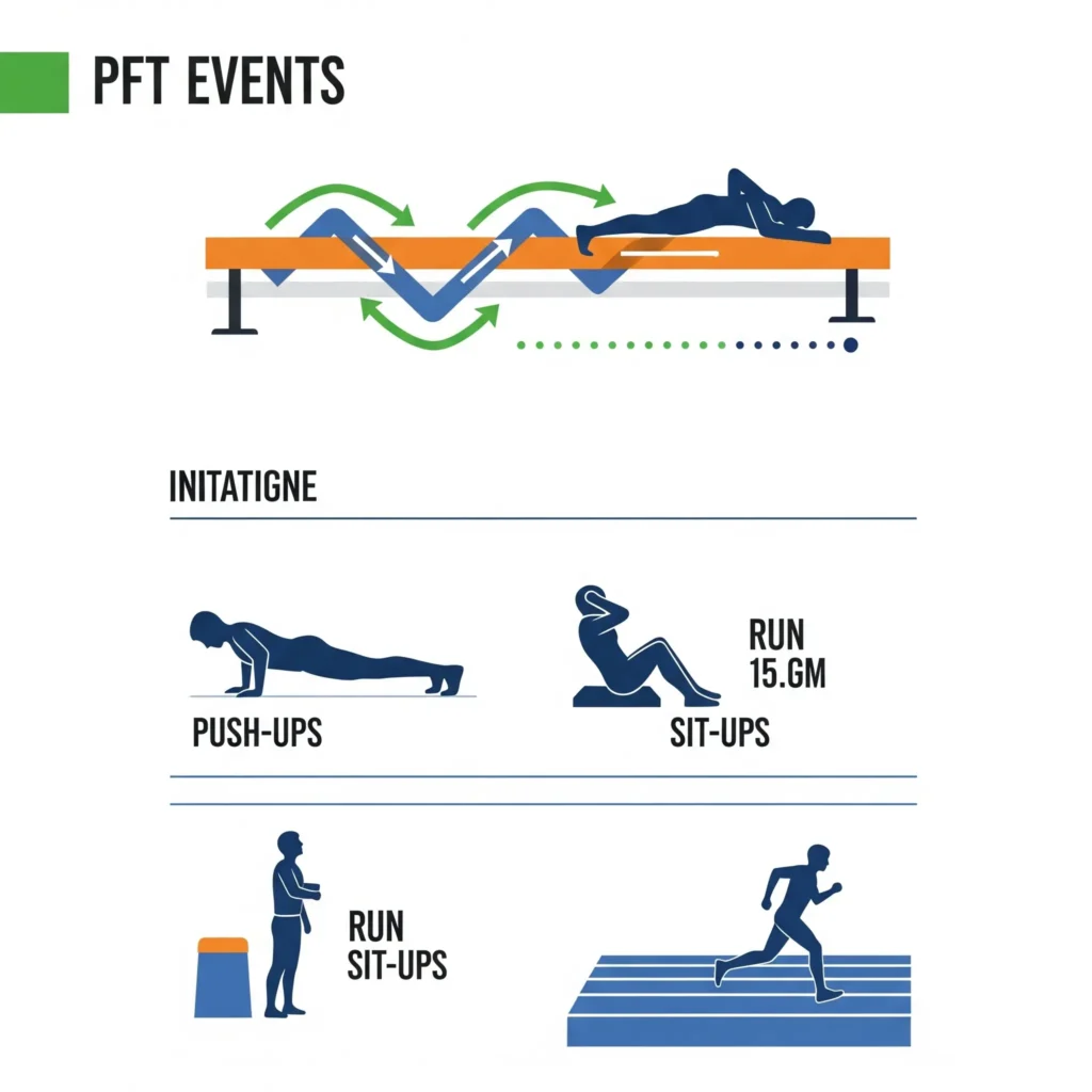 A simple graphic illustrating the PFT events, including a top-down view of the zig-zag balance beam to show the path.